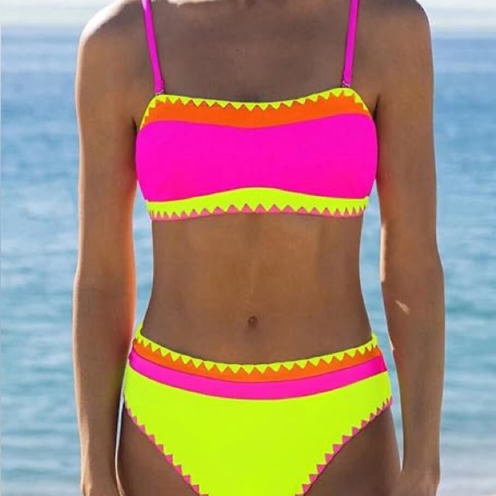NWT Popvil Bright Yellow Bikini with Multicolor Trim with embroidery